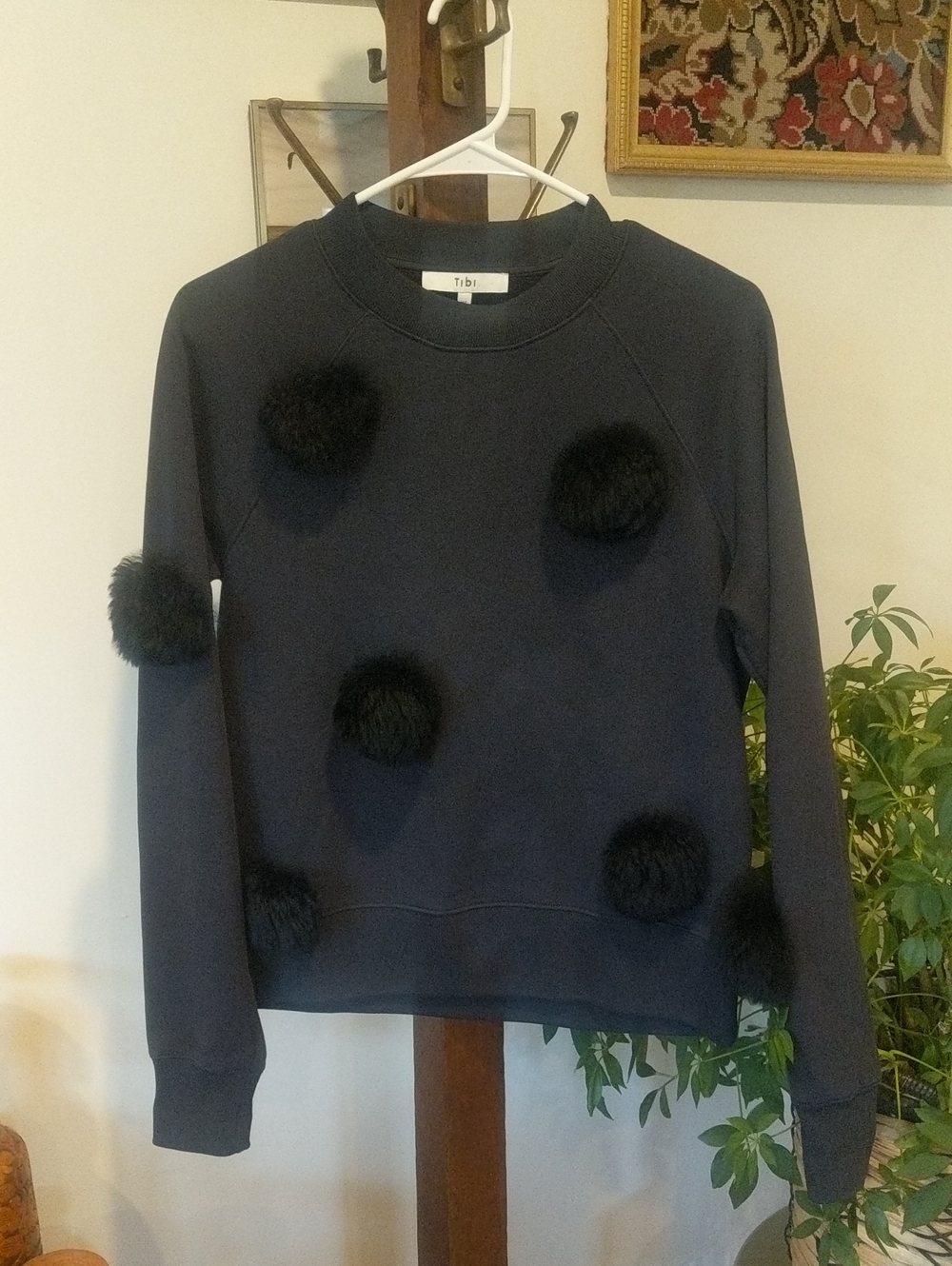 Tibi Charcoal Crewneck Sweater with Black Pom-Poms